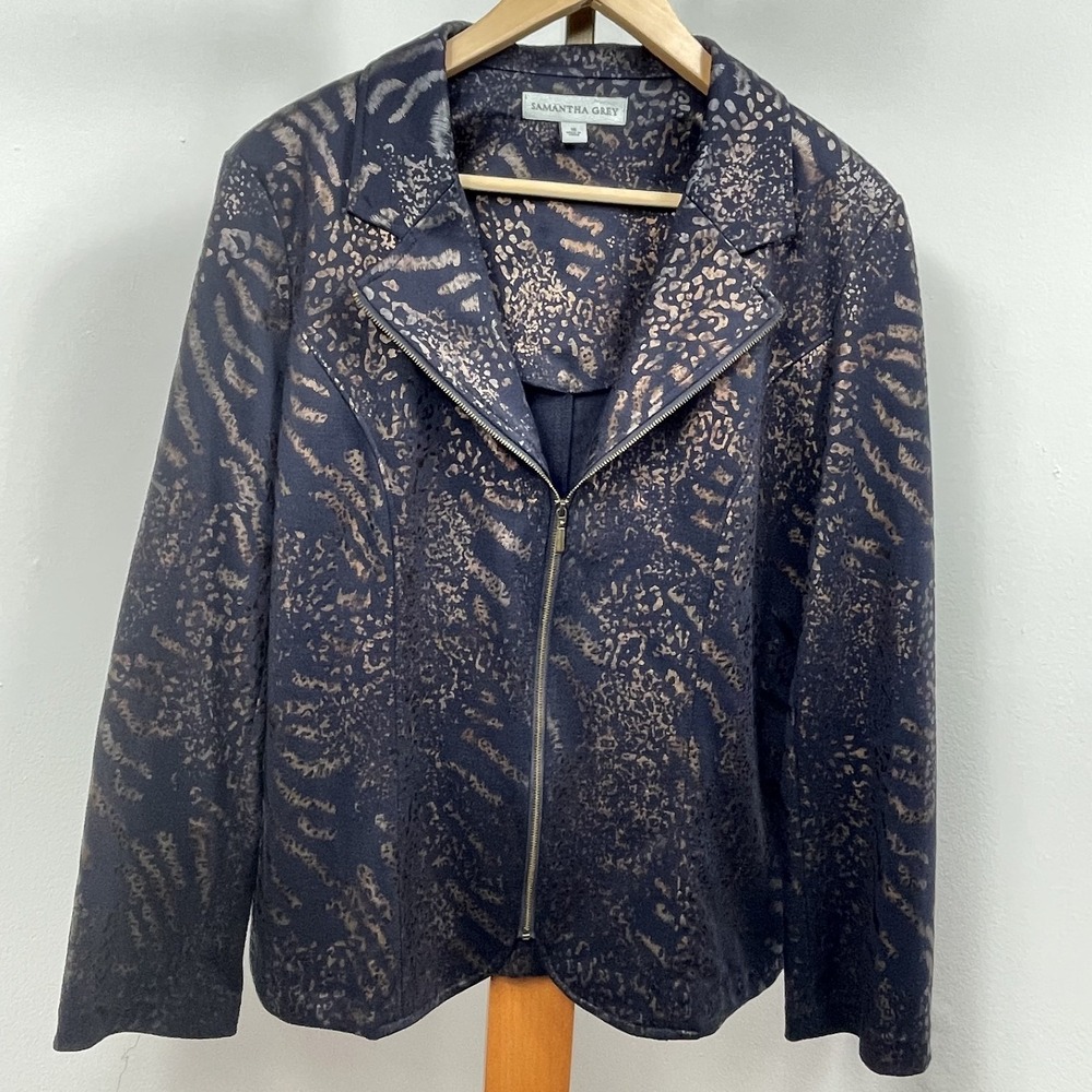 Samantha Grey Jacket Womens 16 Navy Metallic Copper Animal Print Zipper Blazer